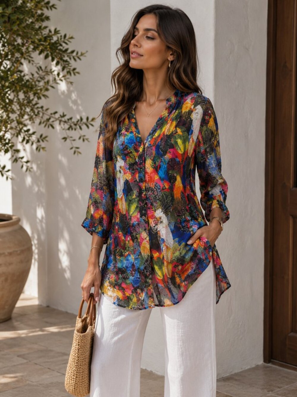 Newport by Carine Multicolor Parrot Print Tunic Long Sleeve Hooded Lagenlook Top